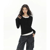 Black Solid Pullover With Fake Undershirt